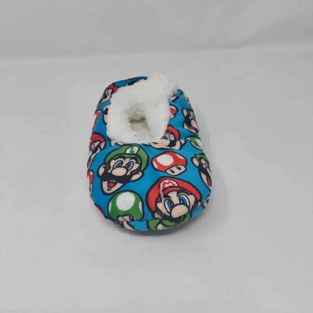 Nintendo Super Mario Luigi Plush Sherpa Slippers Kids Blue Cozy House Shoes 8-13